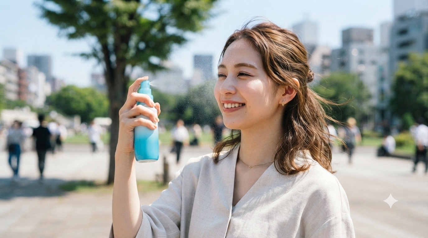日焼け止めスプレーを顔に噴霧する女性